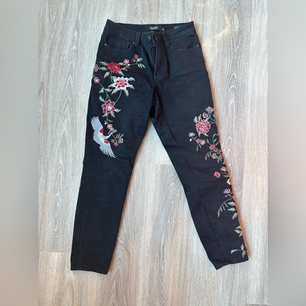 Black Cropped Embroidered Jeans. Size 2.